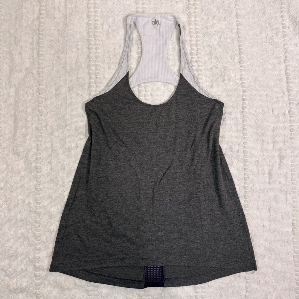 Alo Yoga Womens Layered Racerback Tank Top Gray White Purple Mesh Small RN87370